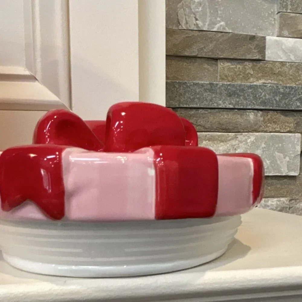 Ceramic Holiday Christmas Cookie Jar With Bow on Lid Red Pink Striped 5x8